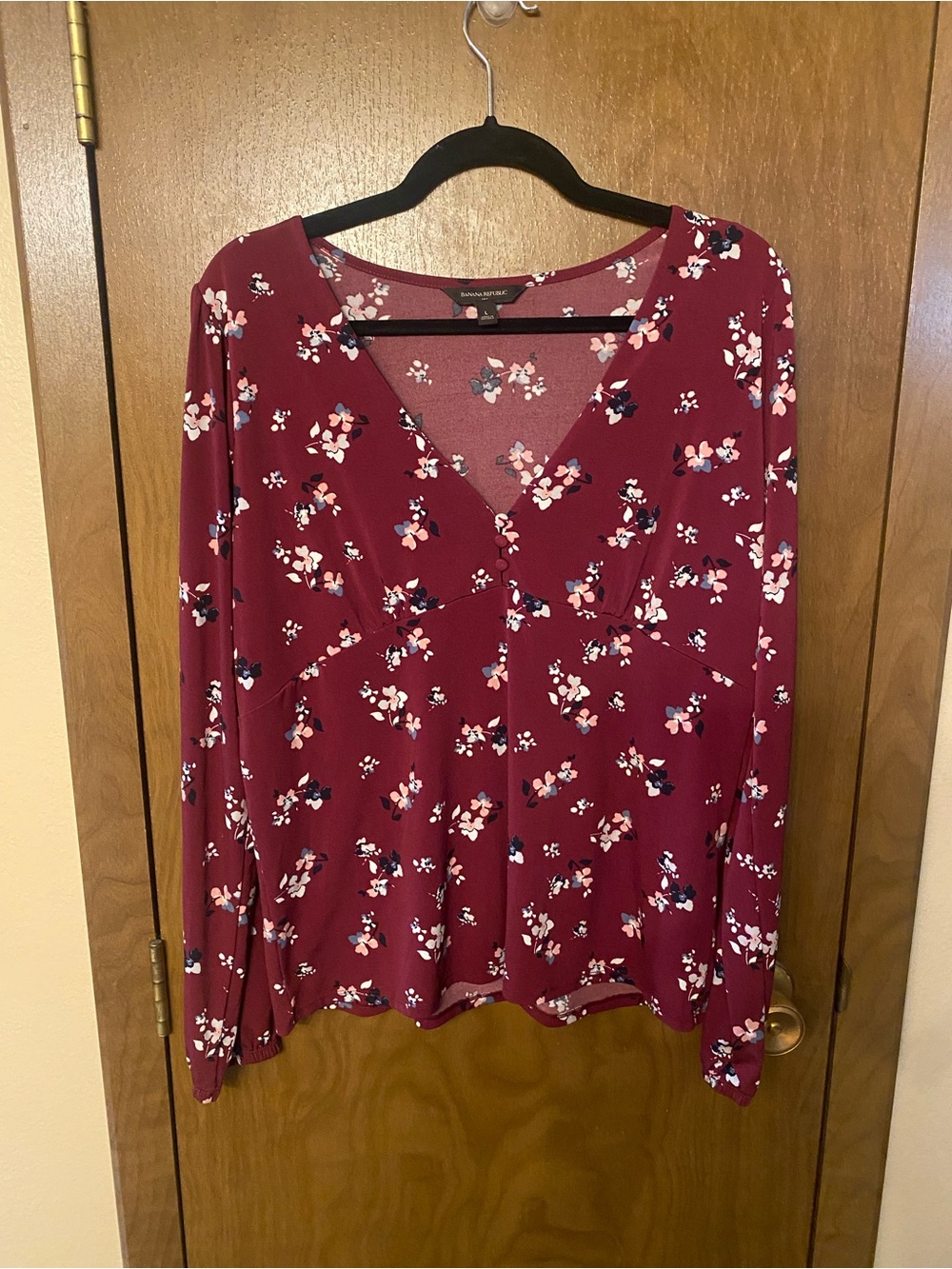 Banana Republic Burgundy Floral V-Neck Long Sleeve Top